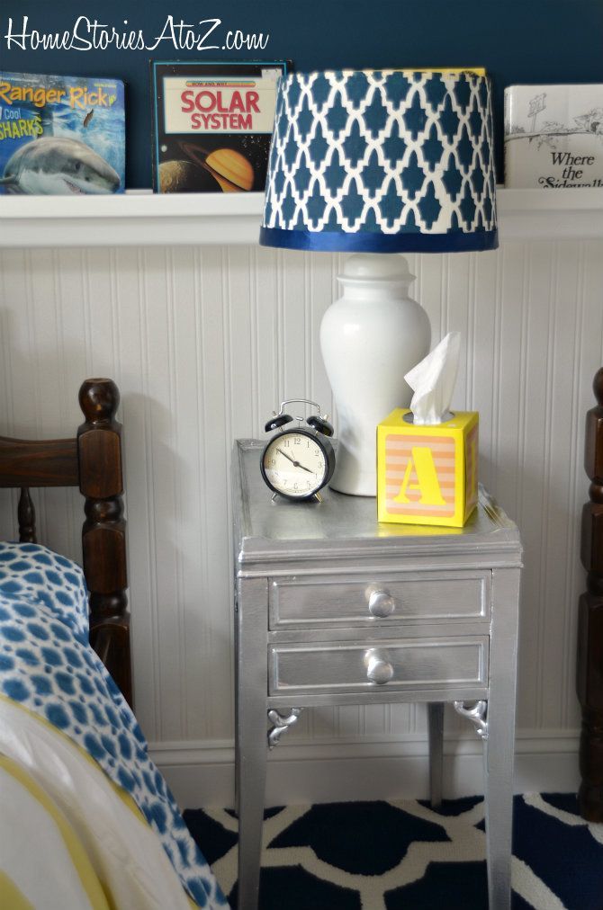 love the lamp shade, and the spray painted side table