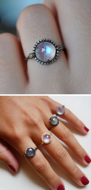 Moonstone rings,…love the idea of wearing several together of the same style o