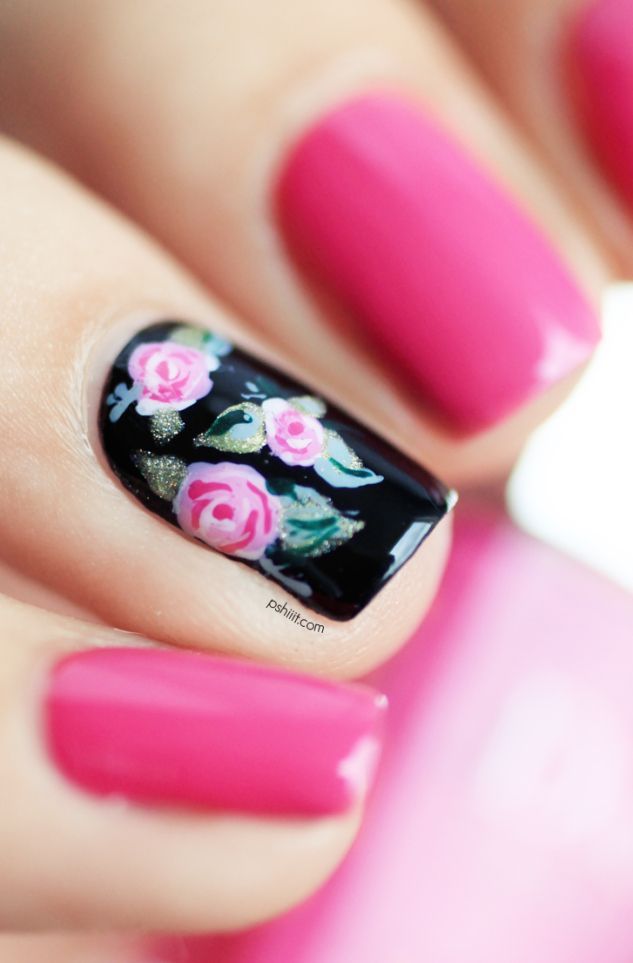 One floral accent nail art: black base (England Camelot) with pink (Dior Rose) a