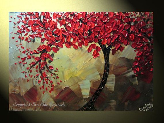 Original Abstract Tree Painting, Textured Red Tree of Life, Abstract Floral Pain