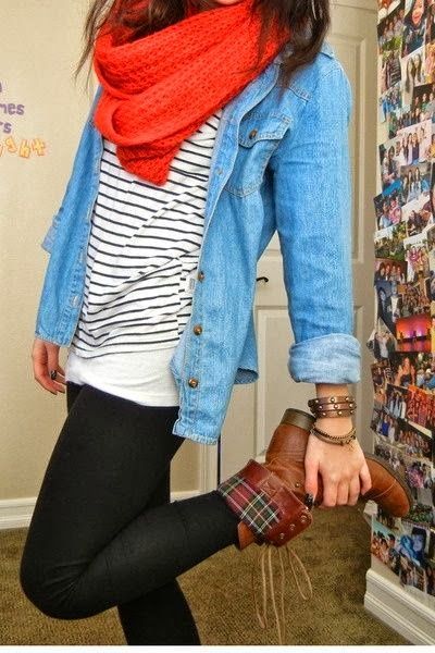 Outfit: Striped t, denim/chambray shirt, fluffy orange scarf–BUT I would replac