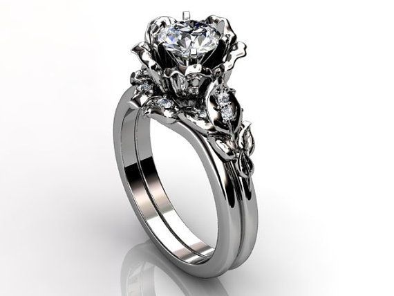 Platinum diamond unusual unique floral engagement ring by Jewelice