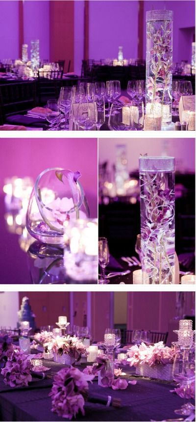 Purple Wedding Decor – love how the purple looks with the lighting and the cente
