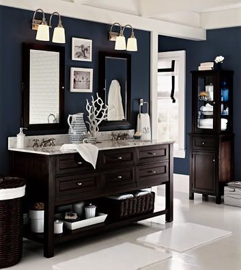The walls are sea blue – the use of dark furniture, which works as the room seem
