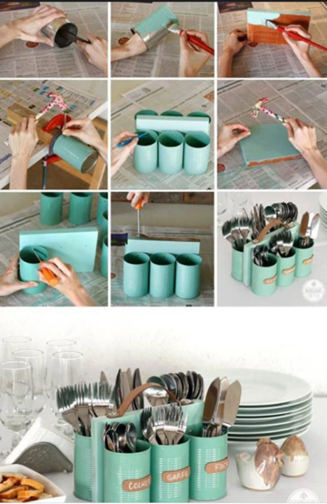DIY project idea: upcycle old tin cans in to a beautiful container for your uten