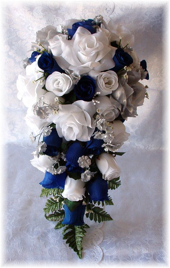 ROYAL BLUE  White Silver Silk Wedding Flowers Bridal BOUQUET Roses Set