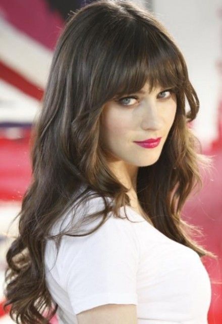 Zooey Deschanel Long Straight Dark Hair With Bangs Hairstyle; LOVE