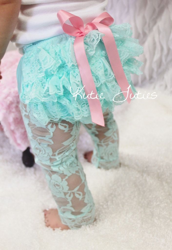 Aqua Lace Diaper Cover Pink Satin rolled bow by KutieTuties, $13.95