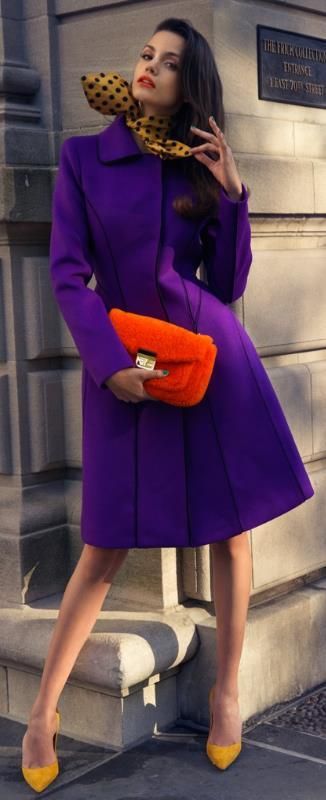 Gotta have some bright colors sometimes! — Purple coat, orange clutch, yellow
