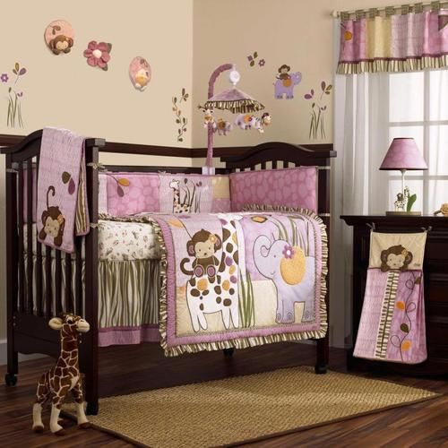 Pink and Purple Jungle Safari Animals Baby Girl 8PC Crib Bedding Nursery Set – I