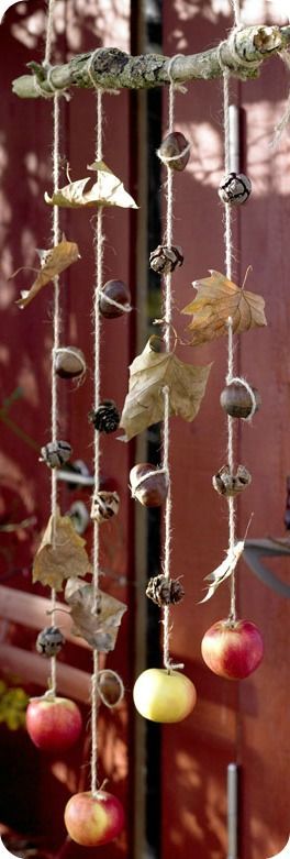 The colors and dimensions in this leaf and nut wind-catcher-mobile are so fun. E