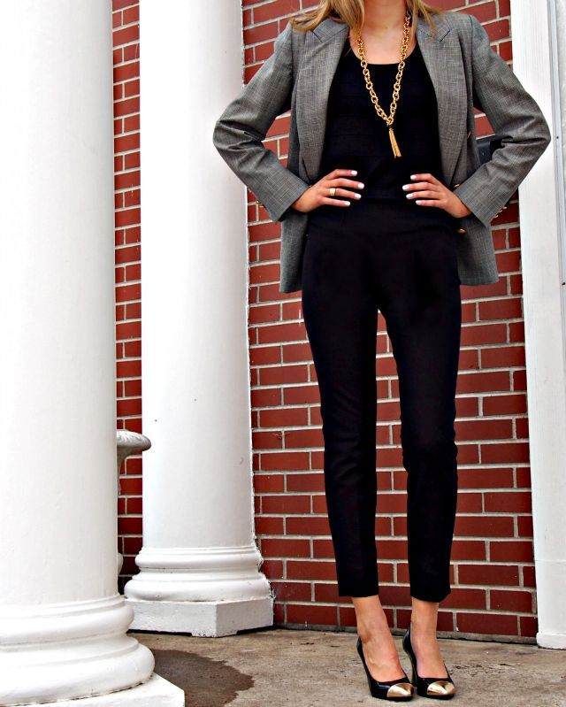 All black pants and top with a grey blazer/suit coat and gold toed pointed pumps