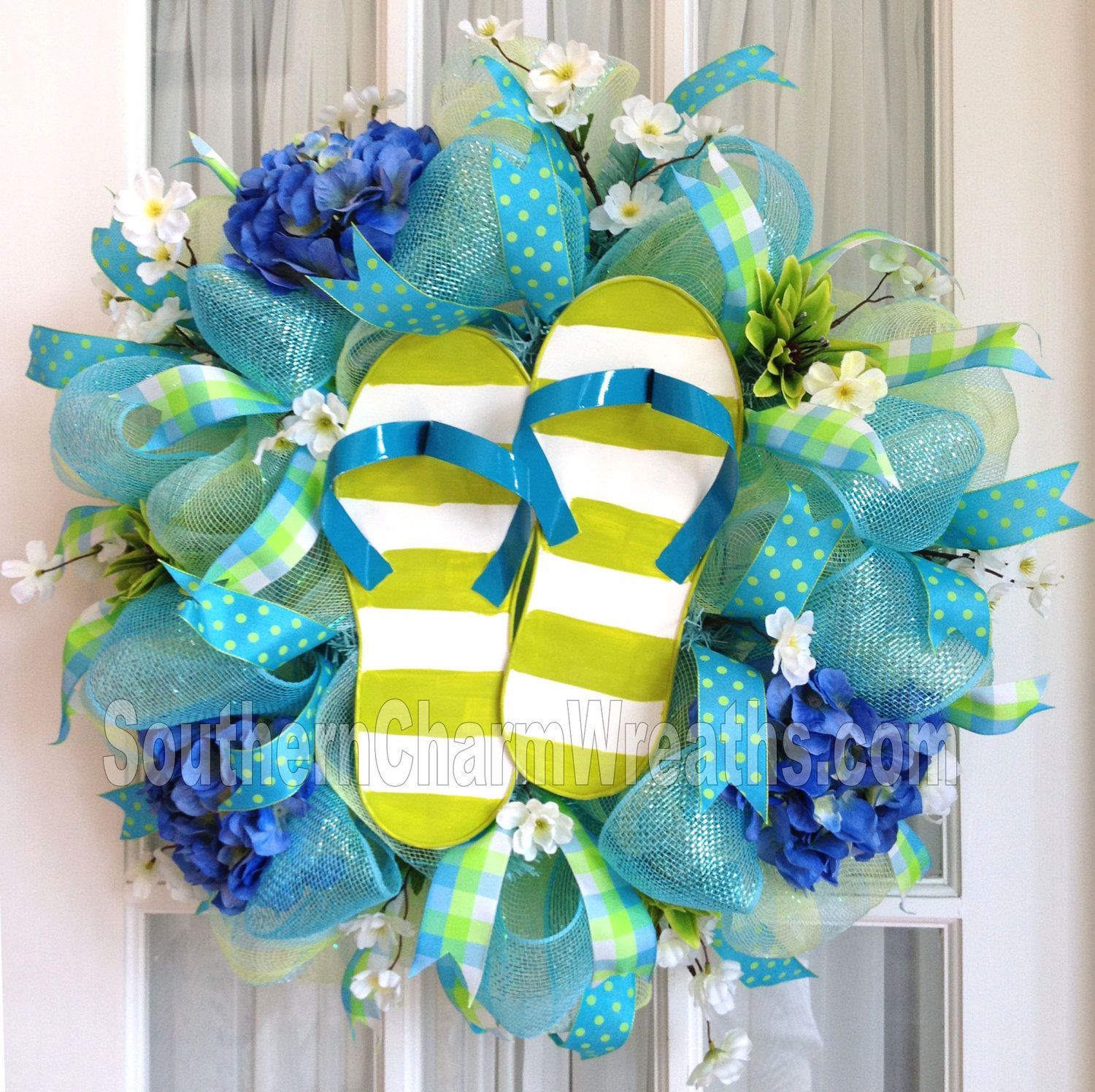 Deco Mesh Wreath Lime Green Blue Stripe by SouthernCharmWreaths