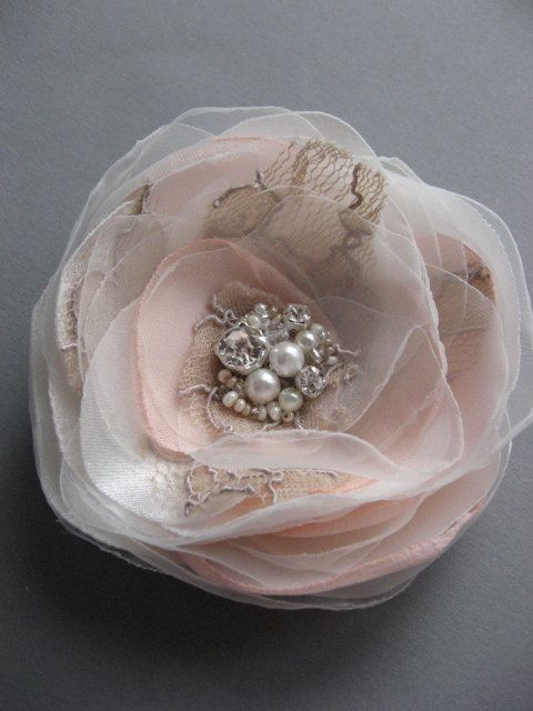 Wedding vintage inspired bridal accessory Tan Ivory Blush Pink Hair clip Flower