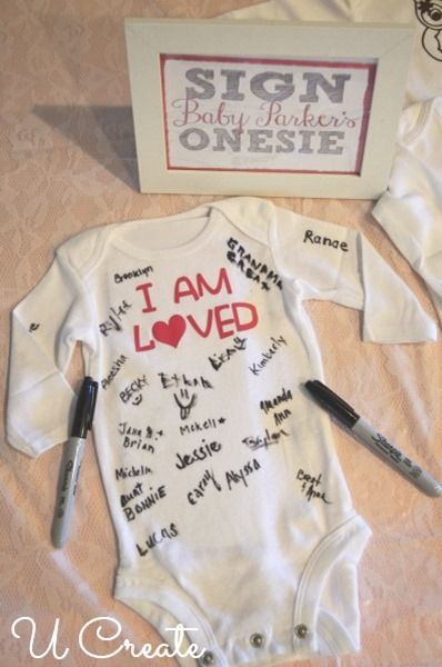 Baby Shower Onesie Sign In – I would use fabric markers instead of sharpies in c