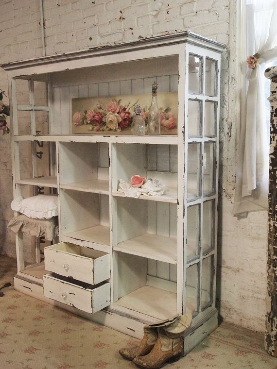 Handmade Bookcase – distressed paint finish on a bookcase made from salvaged woo