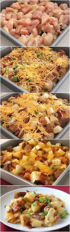 Loaded baked potato and chicken casserole. Quick and easy, feeds the whole famil
