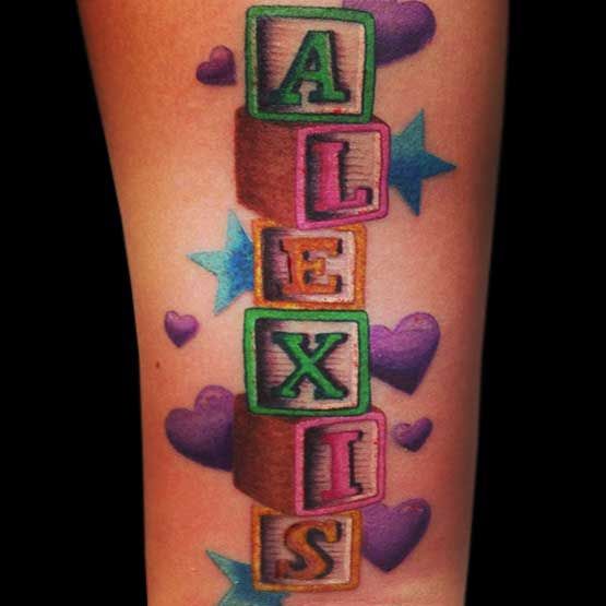 Name tattoo. Alexis, spelled with blocks. #nametat