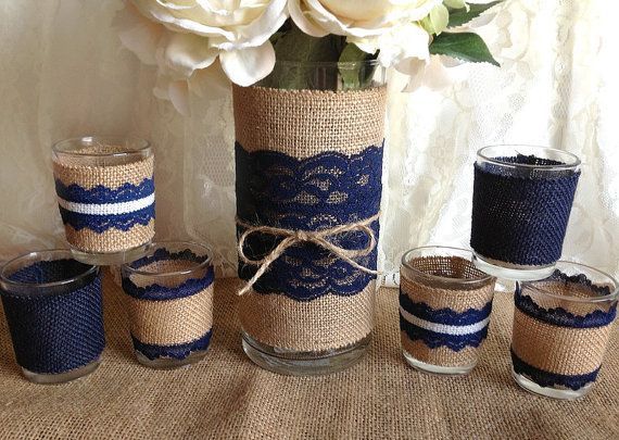 navy blue rustic burlap and lace covered vase and 6 by PinKyJubb