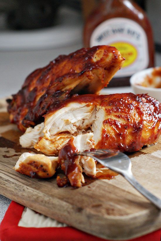 Super Moist Oven Baked BBQ Chicken Breast. (Just be sure to use a healthy sauce.