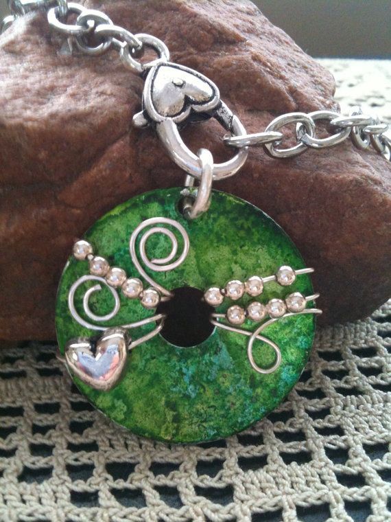 Beautiful Green Wire Wrapped Washer Pendant Necklace, WASHER