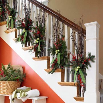 Christmas stair case.  Could use autumn colors for thanksgiving, and then switch