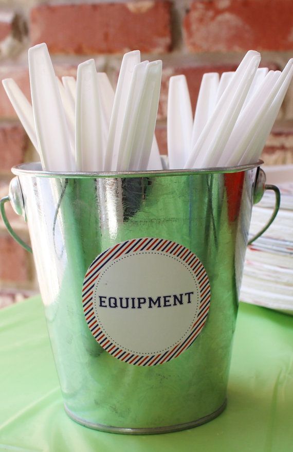 Baseball birthday party decor; “Equipment” stickers for silverware at a sports birthday