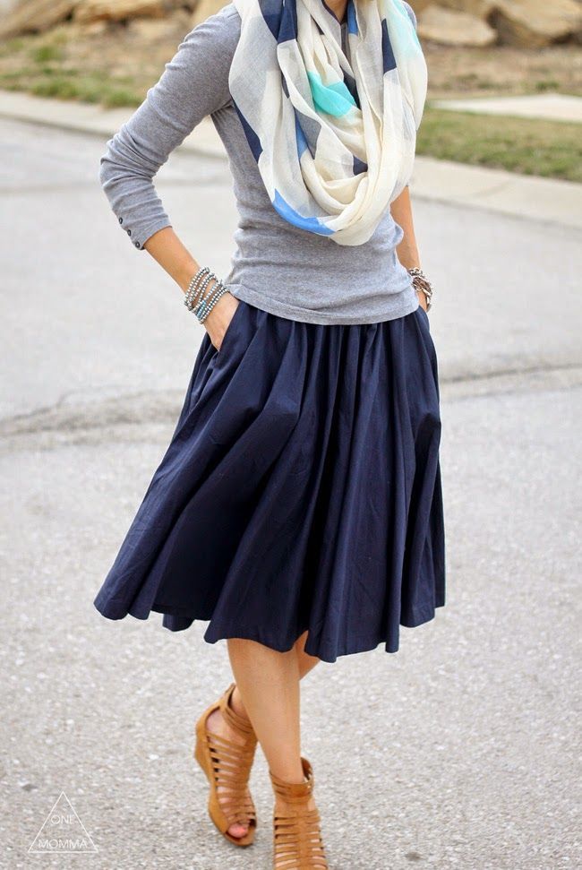 Navy midi skirt, grey tee, printed scarf, gladiator
