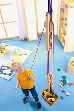 This is a crazy toy…a pulley to teach kids mechanics. (Make one for outside at the kids