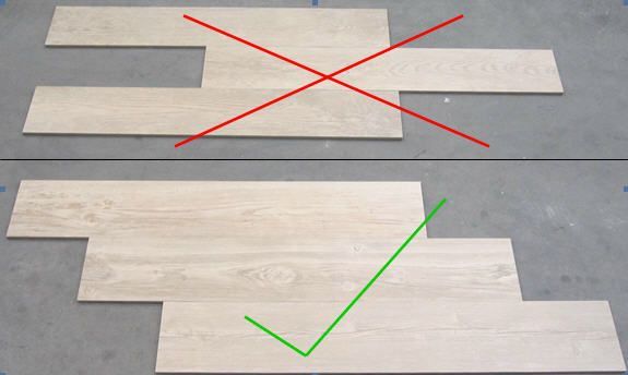 When installing wood grain tiles, stagger them like wood planks would be