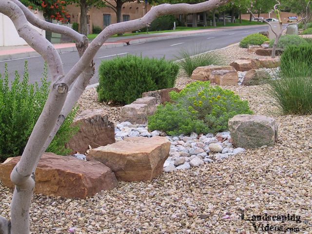 Xeriscaping Low Water Use Planting Display in New Mexico with large decorative landscaping rocks, different color and texture of ground cover gravel, and native and adaptive Southwest and Desert