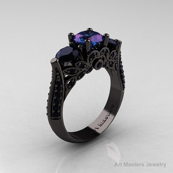 Classic 14K Black Gold Three Stone Russian Chrisoberyl Alexandrite Black Diamond Solitaire Ring. ~ This may be the single moat beautiful ring Ive ever seen in my