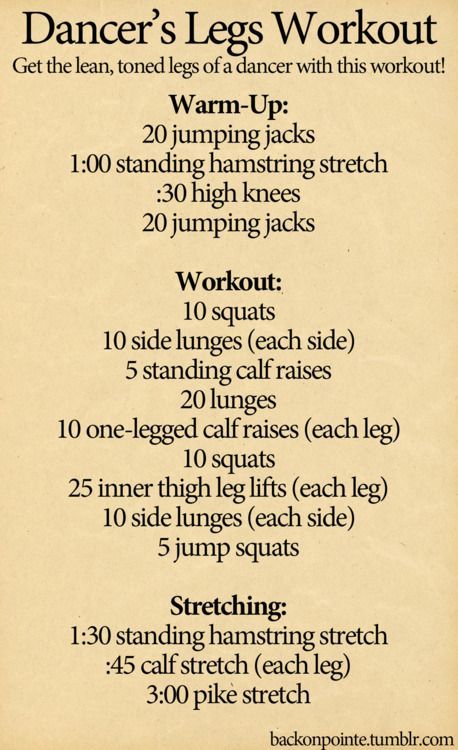 Heres a workout to help you get the toned legs of a dancer. Pair this with a lot of stretching and you should notice a difference, especially in your calves, pretty quickly. For extra intensity,