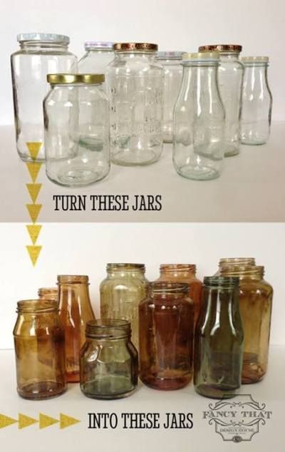 How to tint mason jars. Pick up some clear jars and tint them to coordinate with your kitchen! Fill them with cooking utensils, pens, flowers, whatever! Love