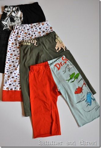 Kids pj pants made from adult T-shirt. Great recycle project.  @Carol NOble this would be a good way to recycle Uncle Lances T-shirts