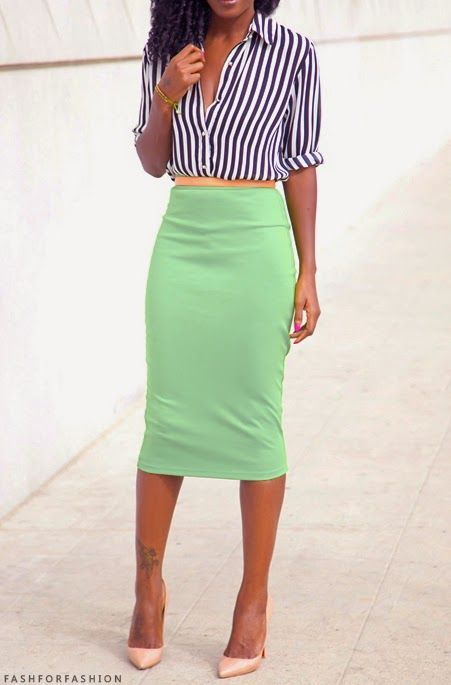 The perfect spring outfit for work!  The fun colored pencil skirt is balanced nicely with the top and the belt ties it all together.  Love