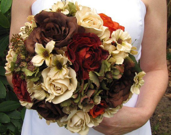 TN Country Rustic wedding     Round Ivory real touch cream roses, brown roses, burgandy roses, green hydrangeas, red roses Bridal Bouquet, hand tied with ivory