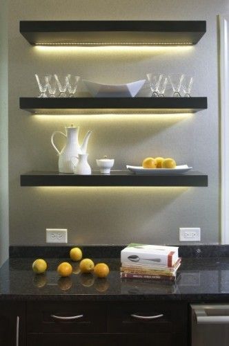 Use LED light bars or LED strip lights to create lighting under shelves or