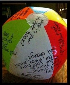 Back to School Beach Ball: This is a fun get-to-know you activity that gets kids talking. Throw the ball and have them answer the question that their thumb