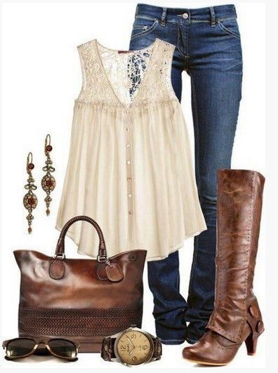 Brown Spring Outfit,pink lace embroidered top and brown knee-length boots love these