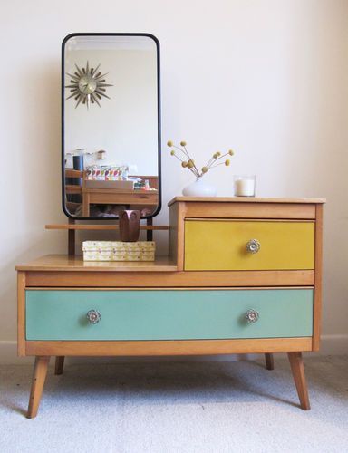 Fantastic Retro Wooden Dressing Table Vintage Coloured Drawers 50s 60s Mirror |