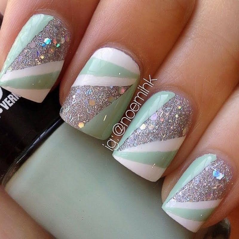 Fun and pretty go together in this glitter and strip nail art. DIY this manicure with the help of these products