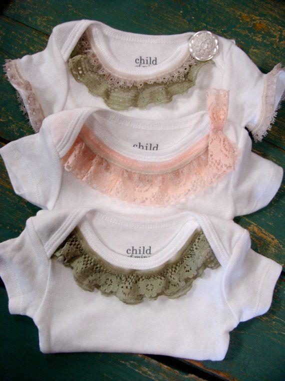 Lace Trim Onesie  Green and Pink Vintage Lace  Trendy by