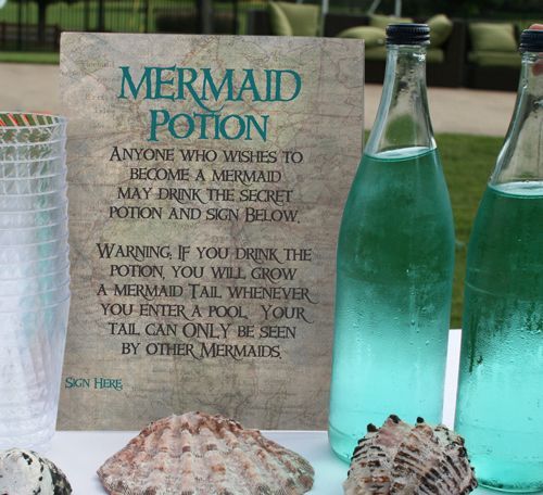 Mermaid Potion:  This make-believe game has each girl at the party signs a contract that they are willing to become a mermaid.  They all drink the magic potion, and them jump in the pool together.