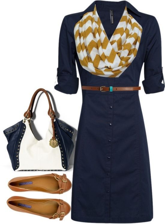 navy button dress, brown belt, mustard/white chevron infinity skirt, camel flats, white/navy