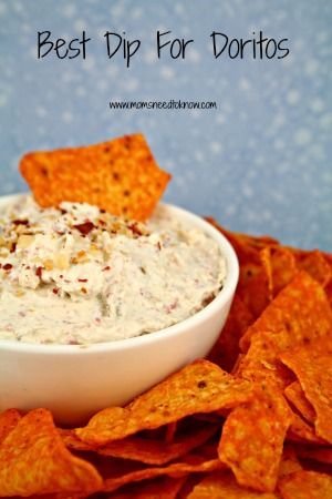 Once you try this dip for Doritos, you will never eat plain Doritos again! 8 oz cream cheese, softened, 8 oz sour cream, 1 small can (4 oz) chopped green chiles, 1/3 cup Bacon Bits, 1/4 tsp garlic