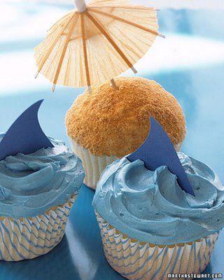 Perfect for Jimmy Buffett tailgate!!! “Fins”!!! shark and beach cupcakes by Martha