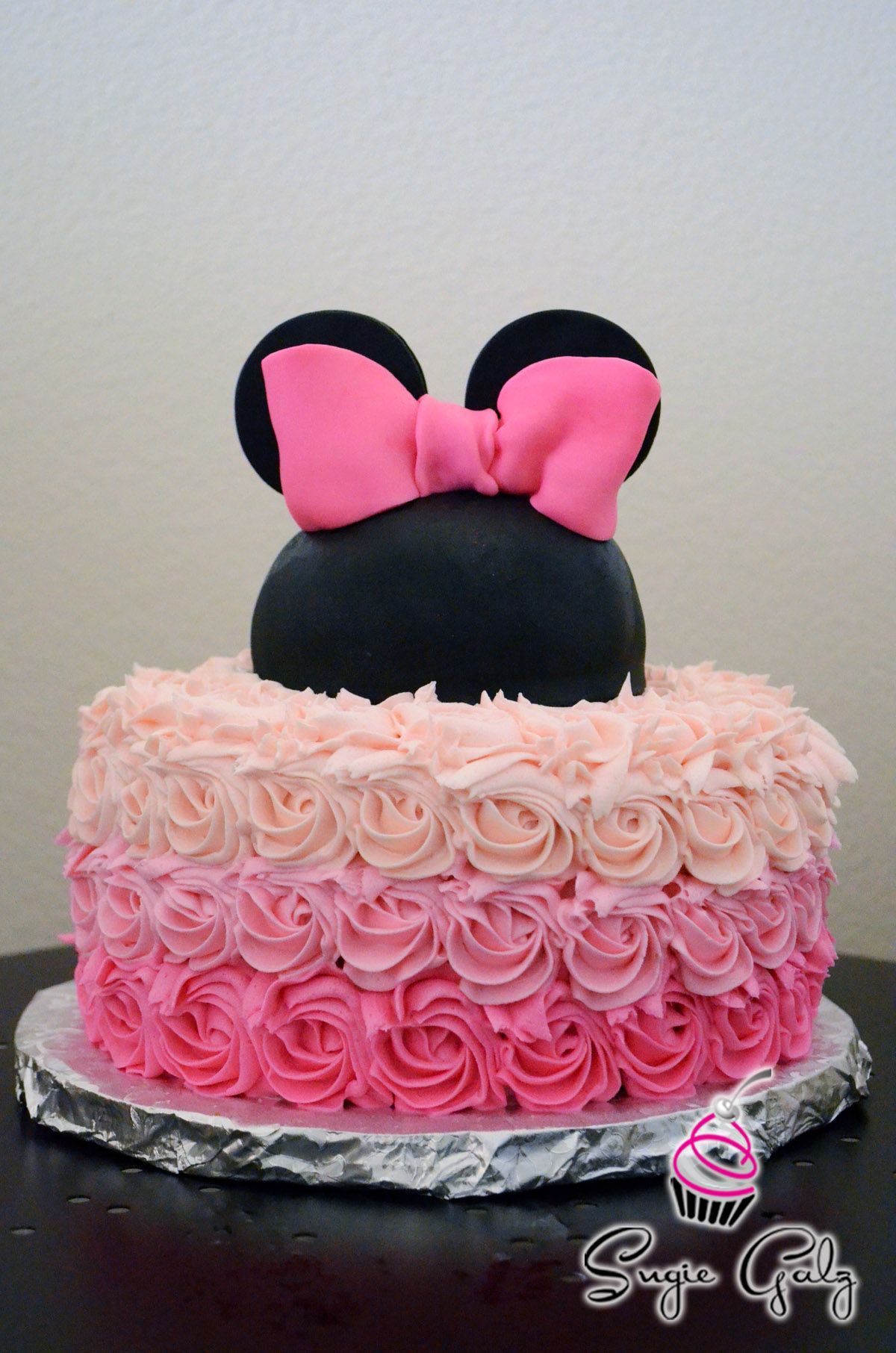 Pretty Pink Ombre Buttercream Minnie Mouse Birthday Cake by Sugie Galz in Austin