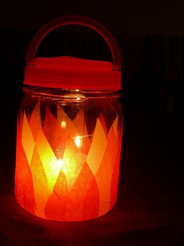 previous pinner wrote: Kids Camping Lantern  You will need:  A plastic jar with lid & handle   Tissue paper in orange,yellow and red  White glue  A battery operated