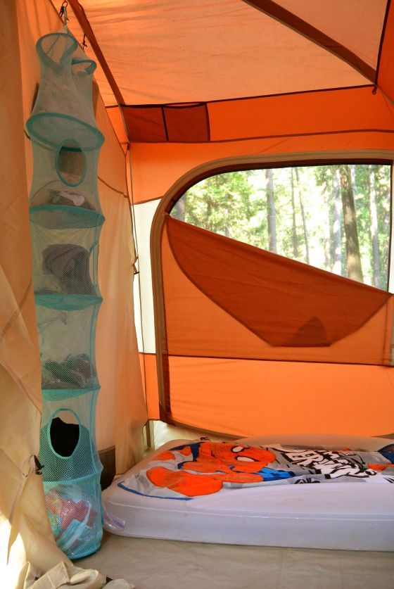 Tent organization for camping with kids.  Tons of
